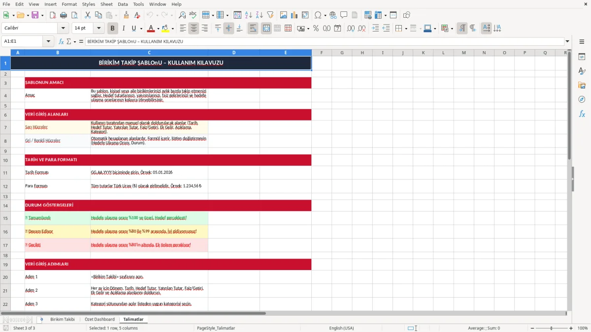 Ekran görüntüsü 3: Talimatlar sekmesi - Excel şablonu birikim takip excel şablonu