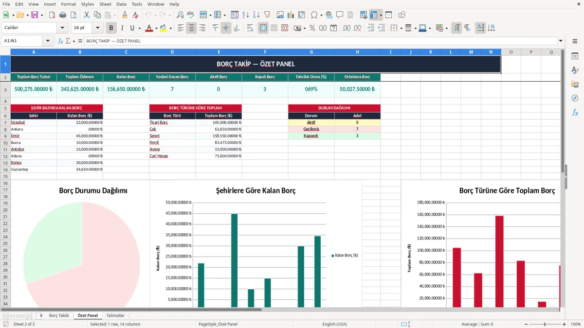 Ekran görüntüsü 2: Özet Panel sekmesi - Excel şablonu borç takip excel şablonu