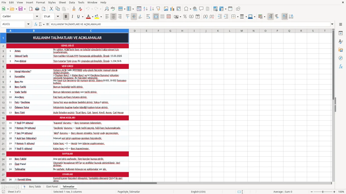 Ekran görüntüsü 3: Talimatlar sekmesi - Excel şablonu borç takip excel şablonu