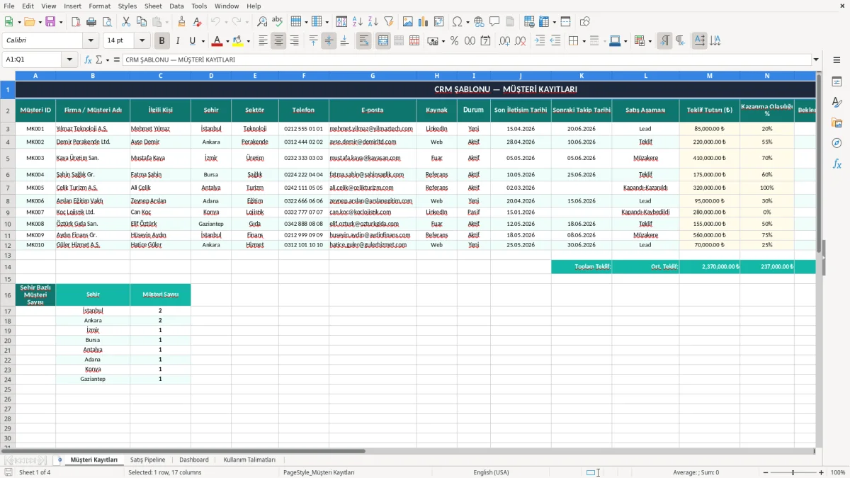 Skärmbild 1: fliken Müşteri Kayıtları - Excelmall crm excel şablonu