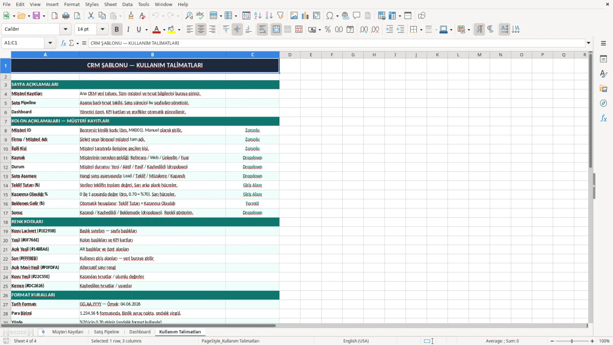 Skärmbild 4: fliken Kullanım Talimatları - Excelmall crm excel şablonu