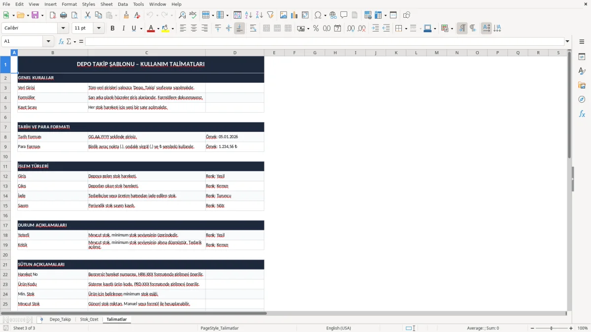 Skärmbild 3: fliken Talimatlar - Excelmall depo takip excel şablonu