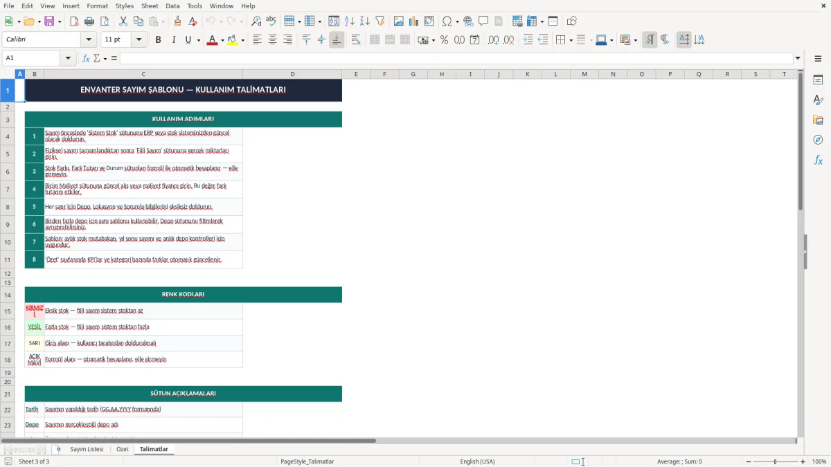 Ekran görüntüsü 3: Talimatlar sekmesi - Excel şablonu envanter sayım excel şablonu
