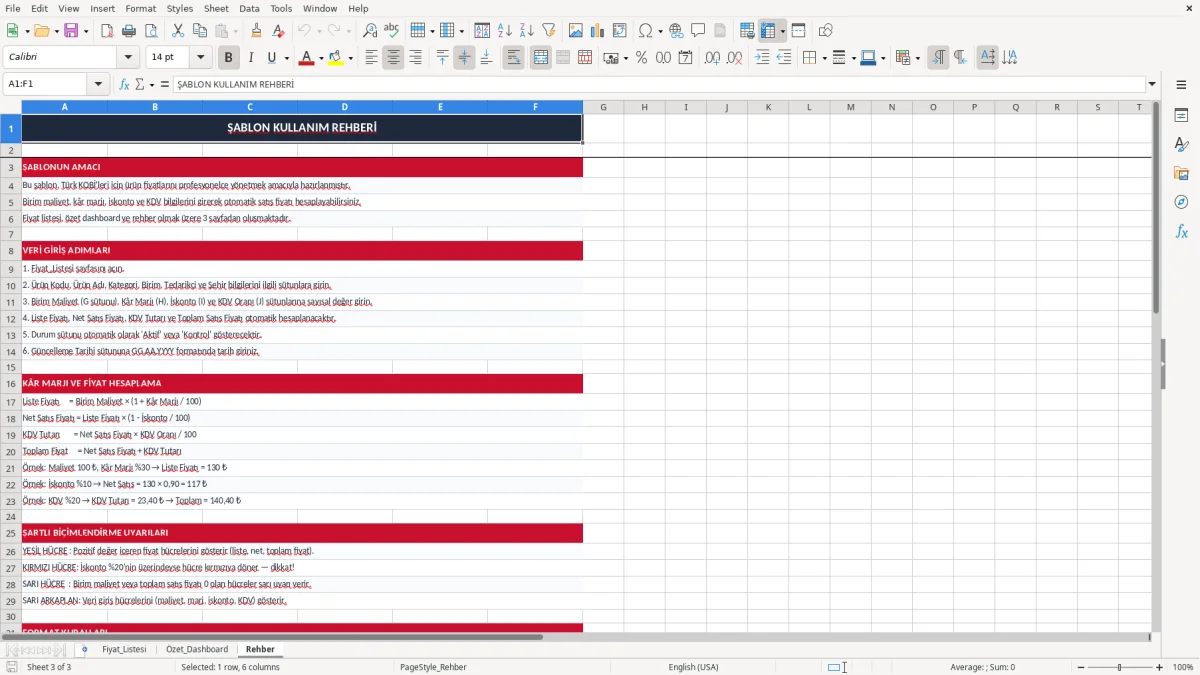 Ekran görüntüsü 3: Rehber sekmesi - Excel şablonu fiyat listesi excel şablonu