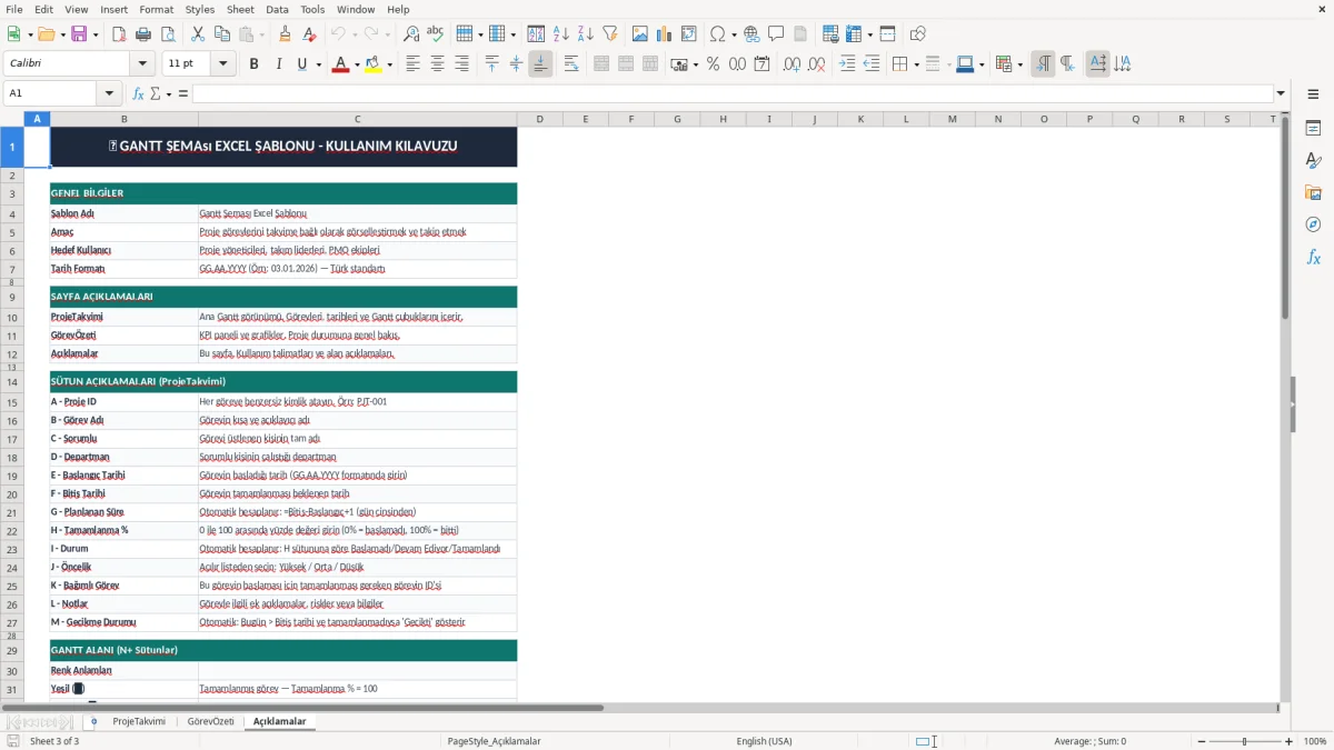 Skärmbild 3: fliken Açıklamalar - Excelmall gantt şeması excel şablonu