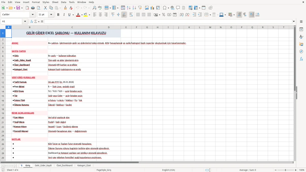 Ekran görüntüsü 1: Giriş sekmesi - Excel şablonu gelir gider excel şablonu