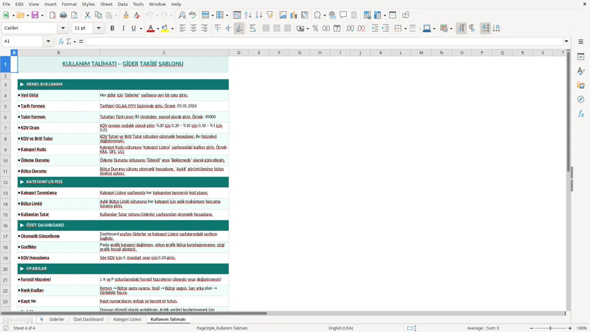 Skärmbild 4: fliken Kullanım Talimatı - Excelmall gider takibi excel şablonu