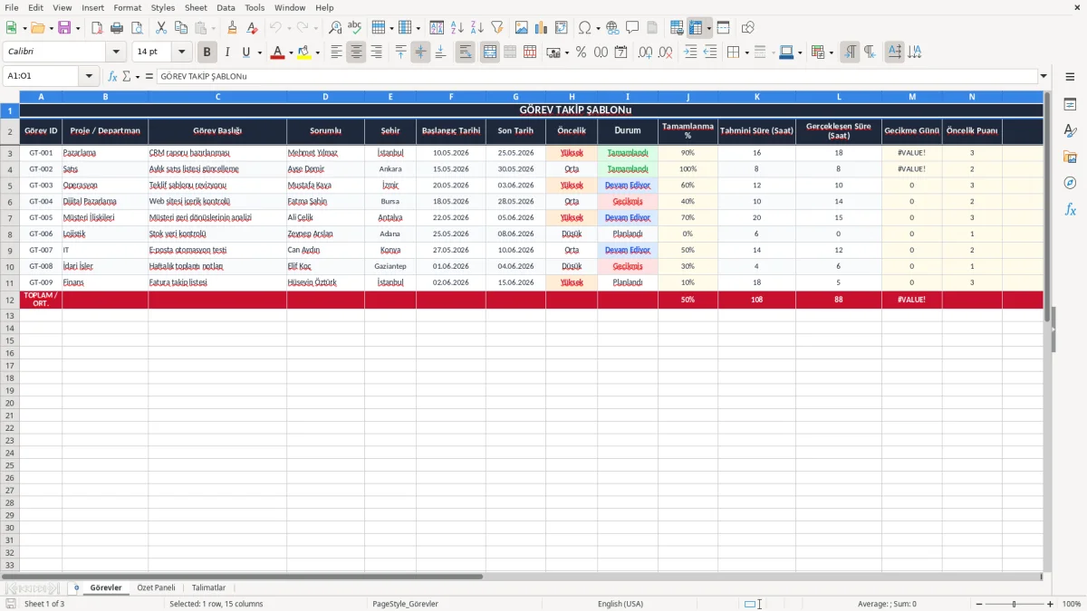 Ekran görüntüsü 1: Görevler sekmesi - Excel şablonu görev takip excel şablonu
