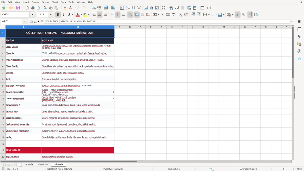 Ekran görüntüsü 3: Talimatlar sekmesi - Excel şablonu görev takip excel şablonu