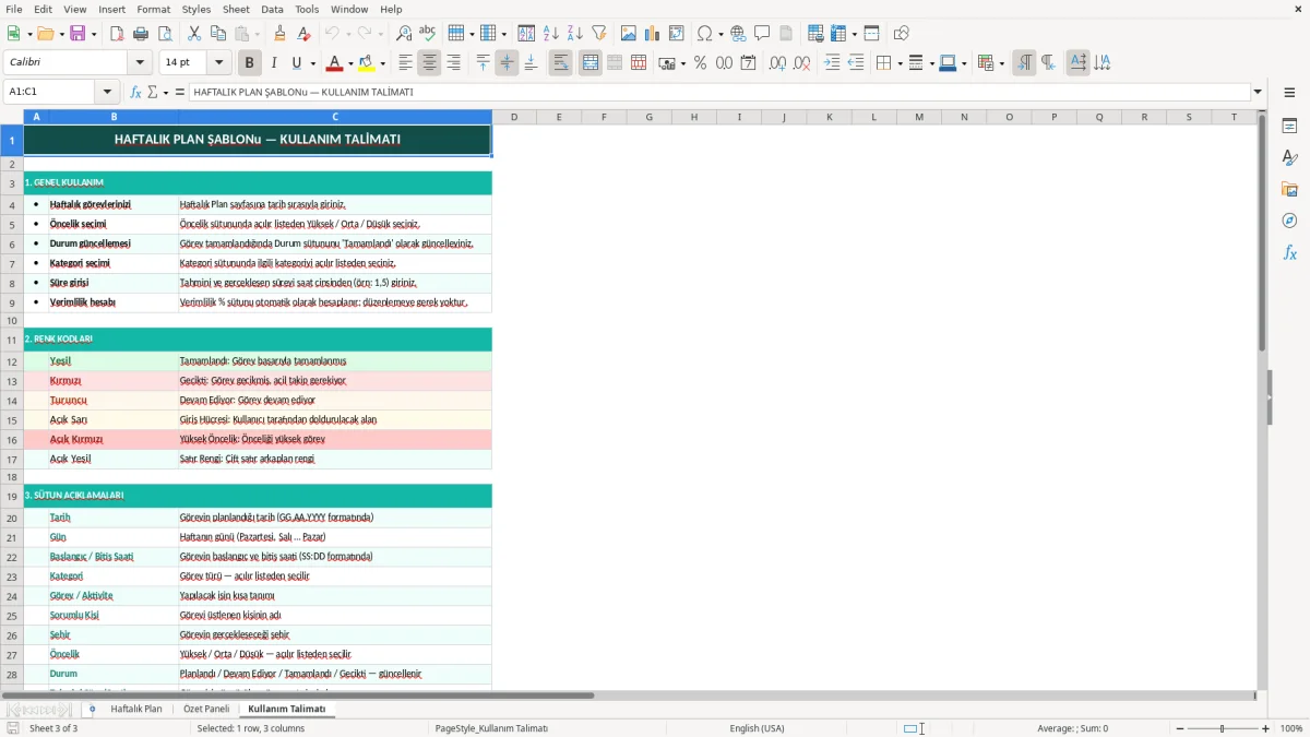 Ekran görüntüsü 3: Kullanım Talimatı sekmesi - Excel şablonu haftalık plan excel şablonu