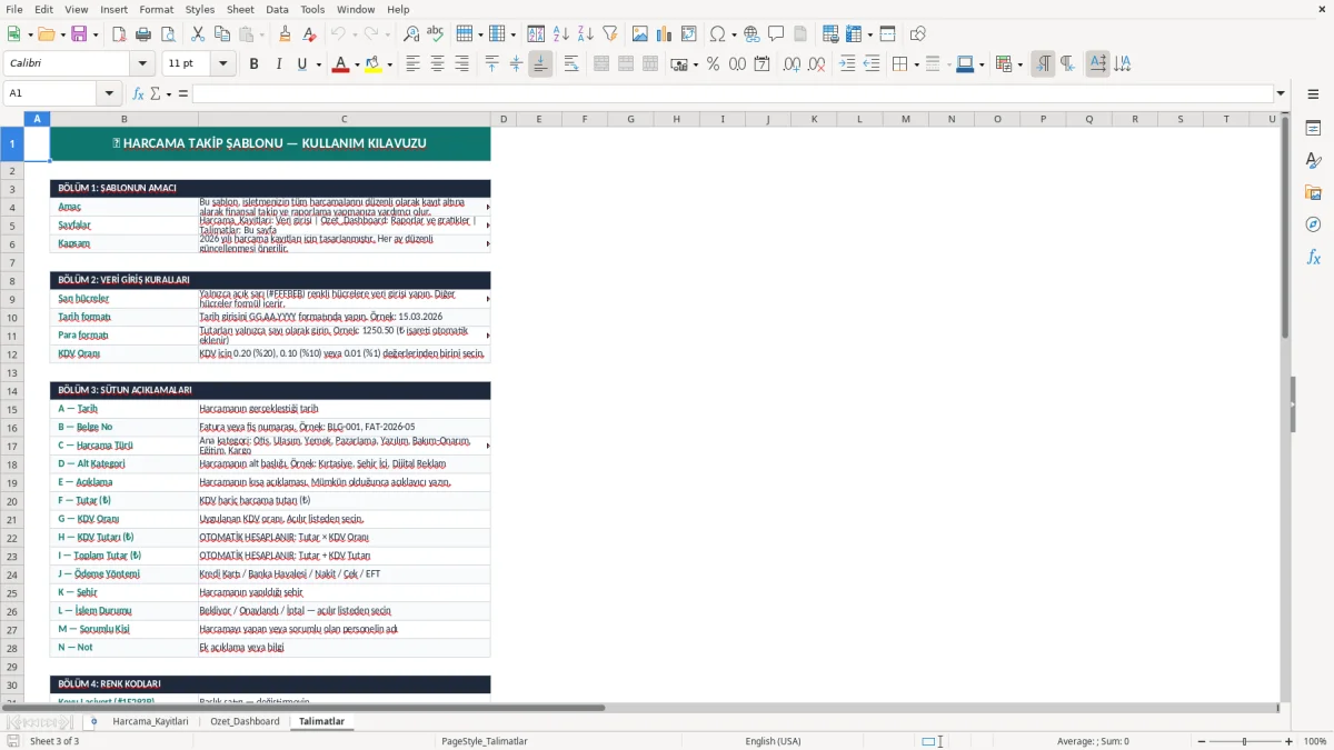 Ekran görüntüsü 3: Talimatlar sekmesi - Excel şablonu harcama takip excel şablonu