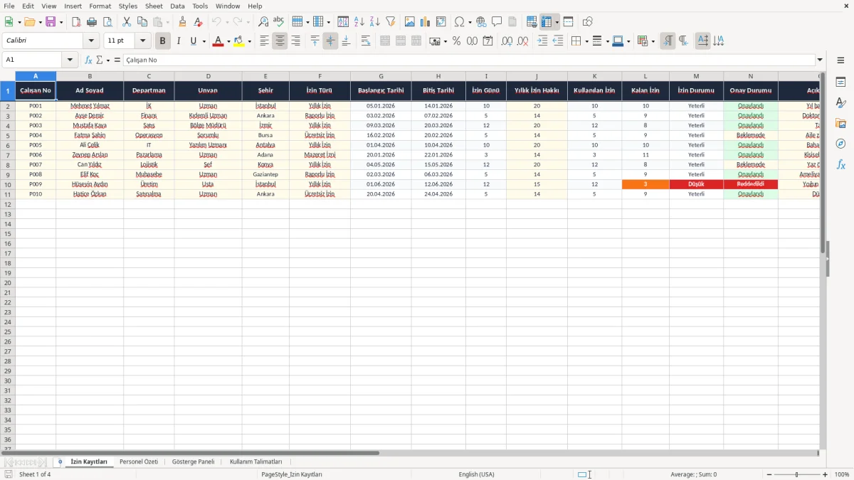 Skärmbild 1: fliken İzin Kayıtları - Excelmall izin takip excel şablonu