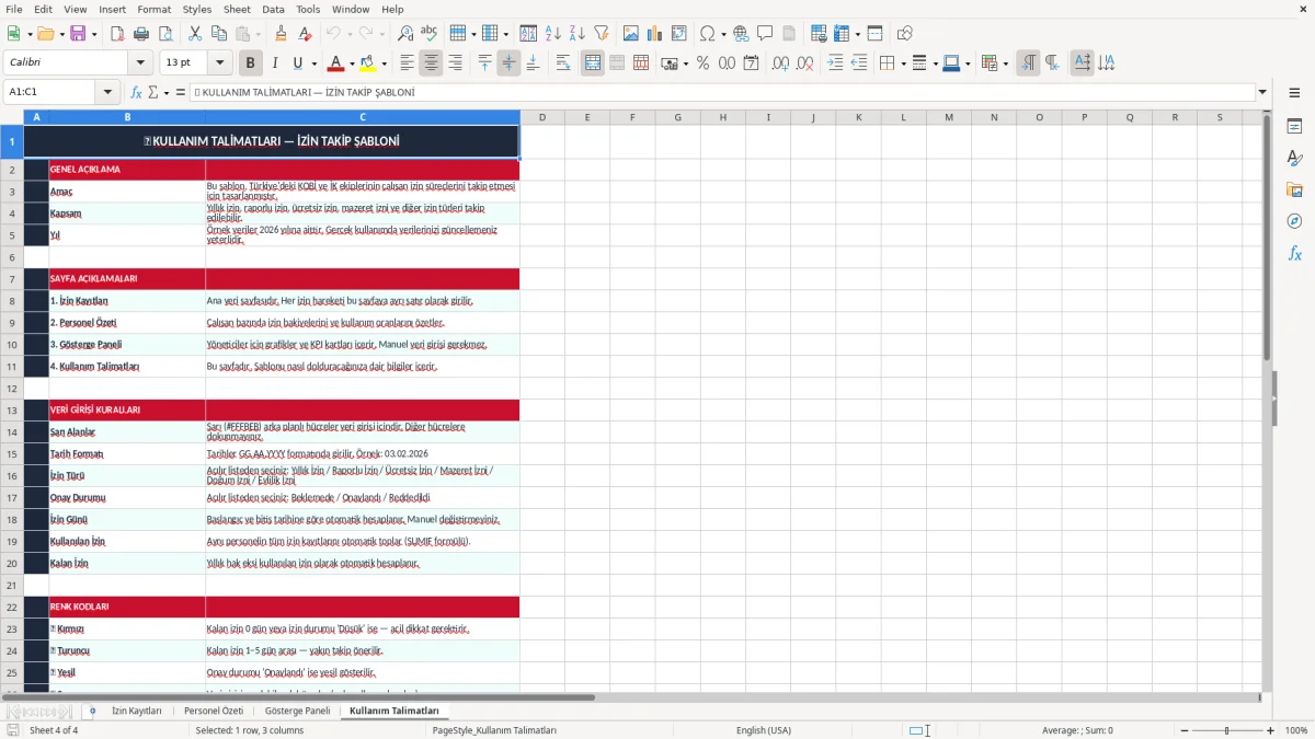Skärmbild 4: fliken Kullanım Talimatları - Excelmall izin takip excel şablonu