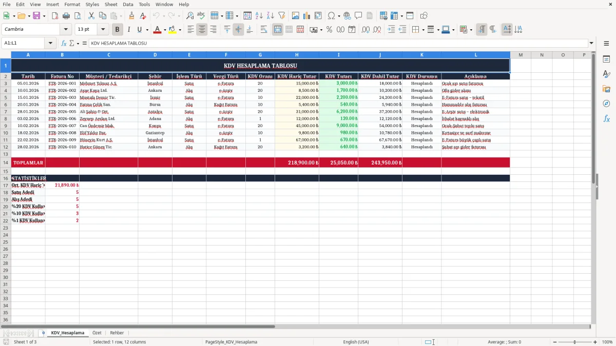 Ekran görüntüsü 1: KDV_Hesaplama sekmesi - Excel şablonu kdv hesaplama excel şablonu