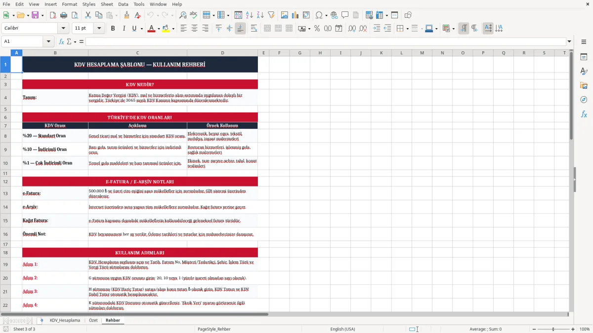 Ekran görüntüsü 3: Rehber sekmesi - Excel şablonu kdv hesaplama excel şablonu