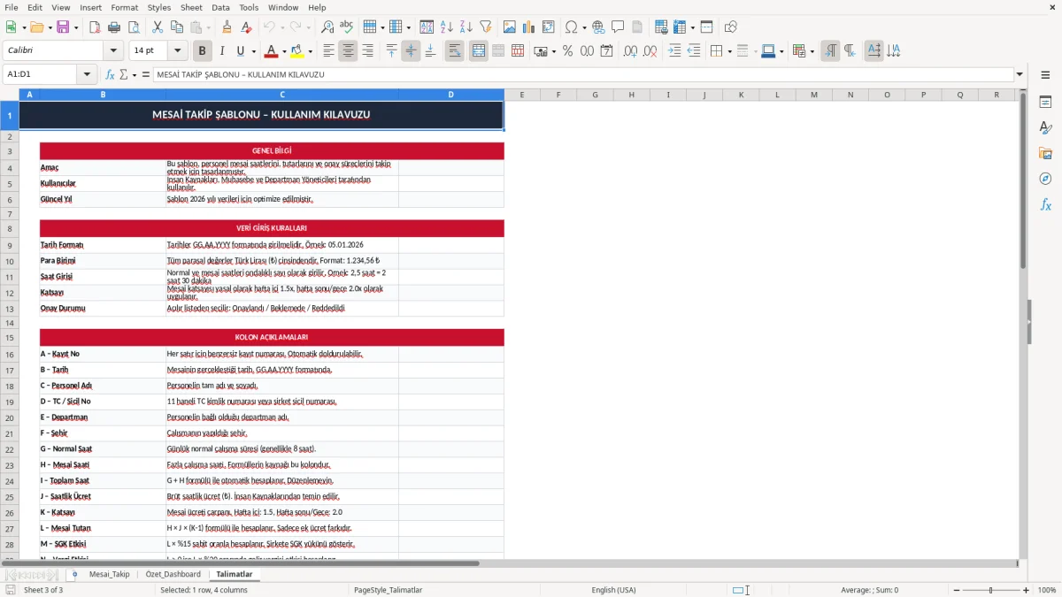 Ekran görüntüsü 3: Talimatlar sekmesi - Excel şablonu mesai takip excel şablonu