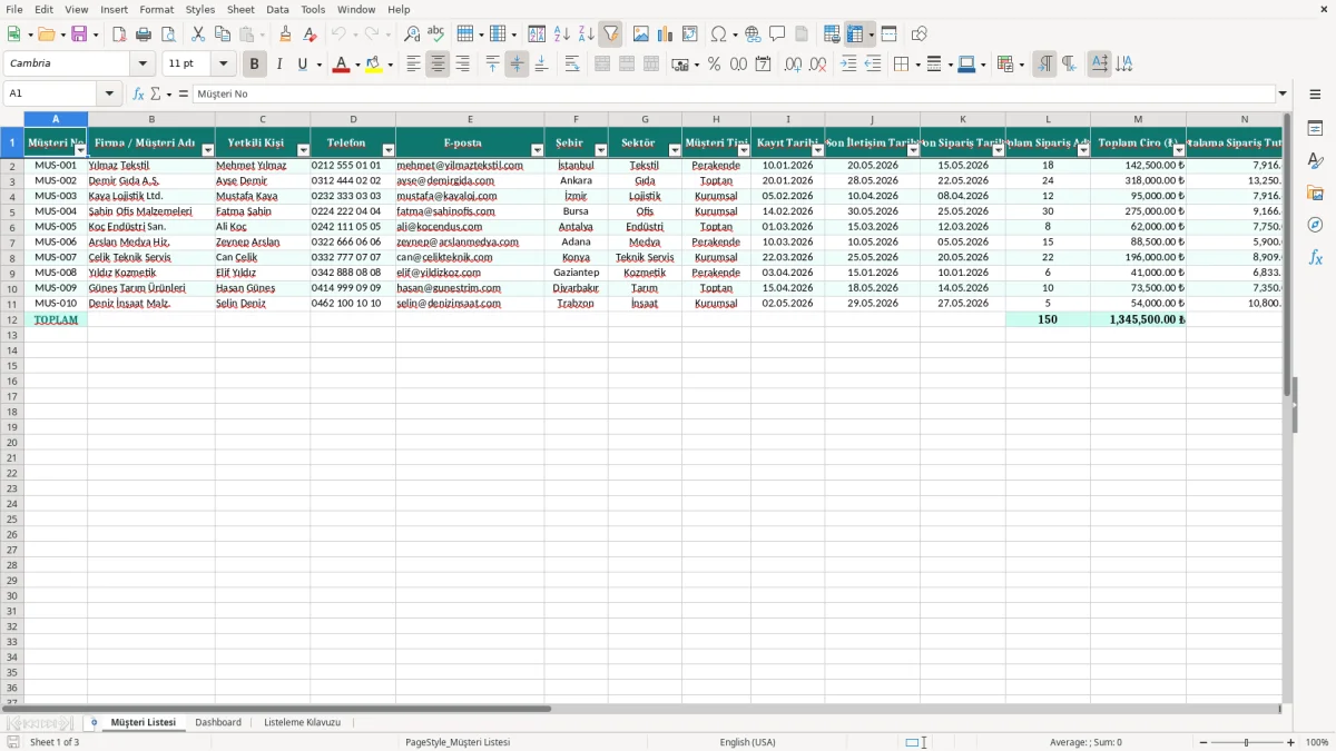 Skärmbild 1: fliken Müşteri Listesi - Excelmall müşteri listesi excel şablonu