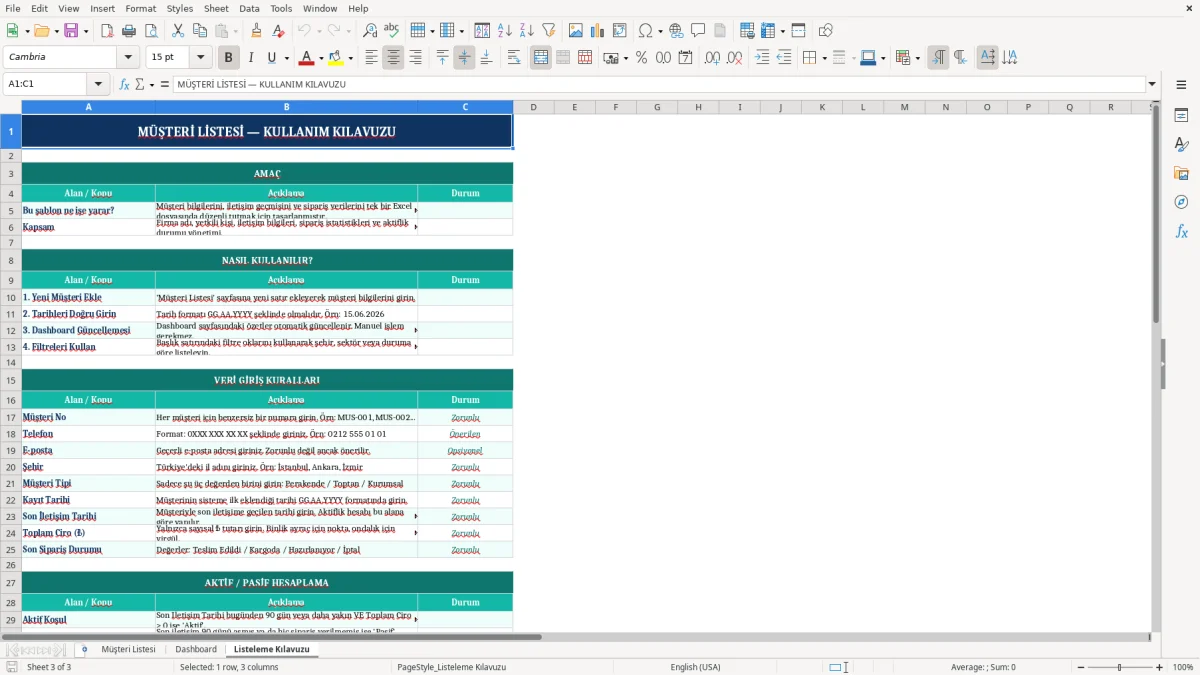 Skärmbild 3: fliken Listeleme Kılavuzu - Excelmall müşteri listesi excel şablonu
