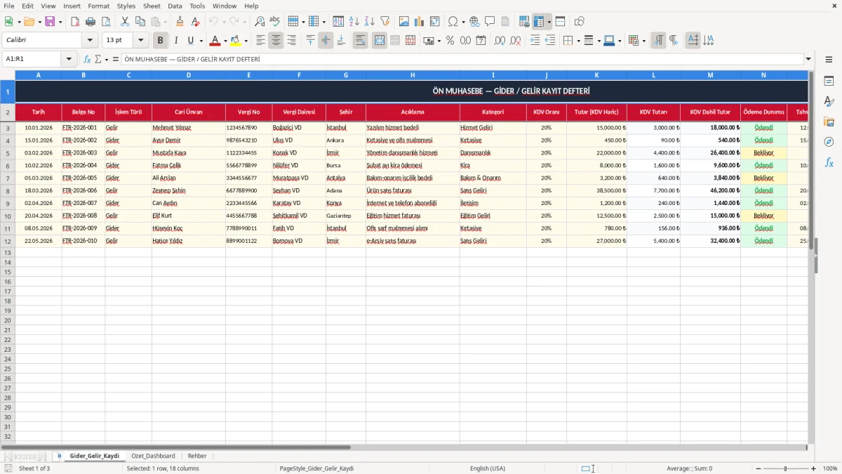 Ekran görüntüsü 1: Gider_Gelir_Kaydi sekmesi - Excel şablonu ön muhasebe excel şablonu