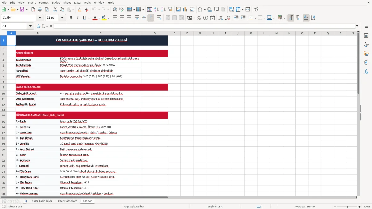 Ekran görüntüsü 3: Rehber sekmesi - Excel şablonu ön muhasebe excel şablonu
