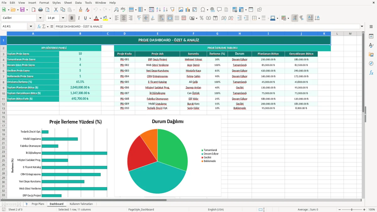 Skärmbild 2: fliken Dashboard - Excelmall proje planı excel şablonu