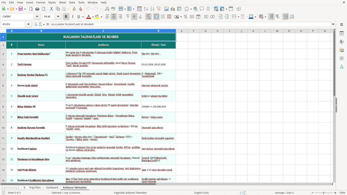 Skärmbild 3: fliken Kullanım Talimatları - Excelmall proje planı excel şablonu