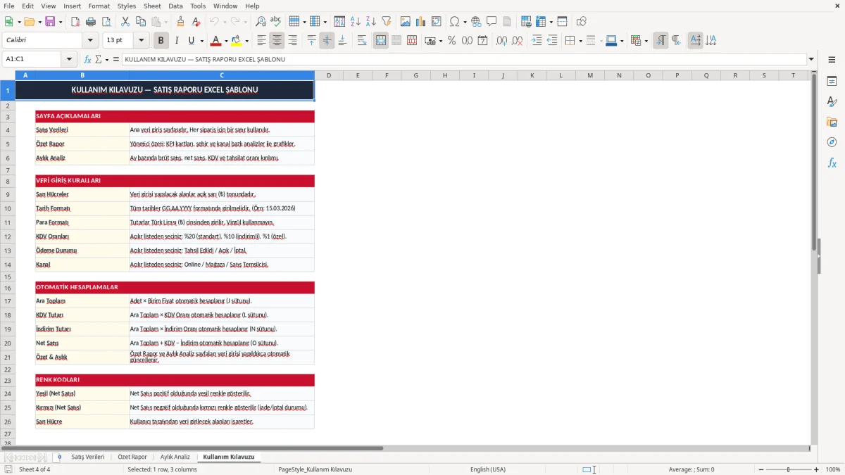 Ekran görüntüsü 4: Kullanım Kılavuzu sekmesi - Excel şablonu satış raporu excel şablonu