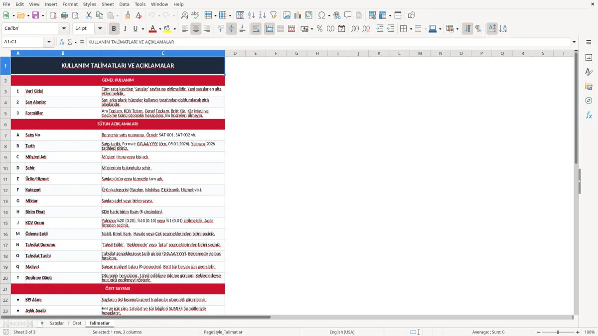 Ekran görüntüsü 3: Talimatlar sekmesi - Excel şablonu satış takip excel şablonu