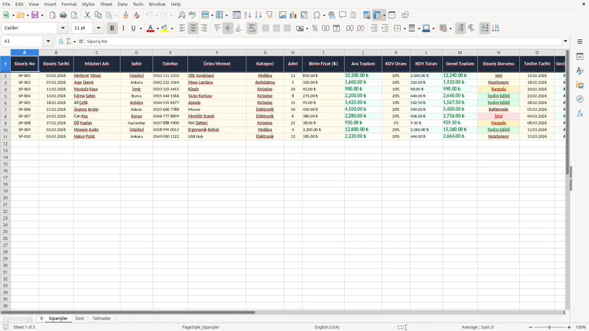 Ekran görüntüsü 1: Siparişler sekmesi - Excel şablonu sipariş takip excel şablonu