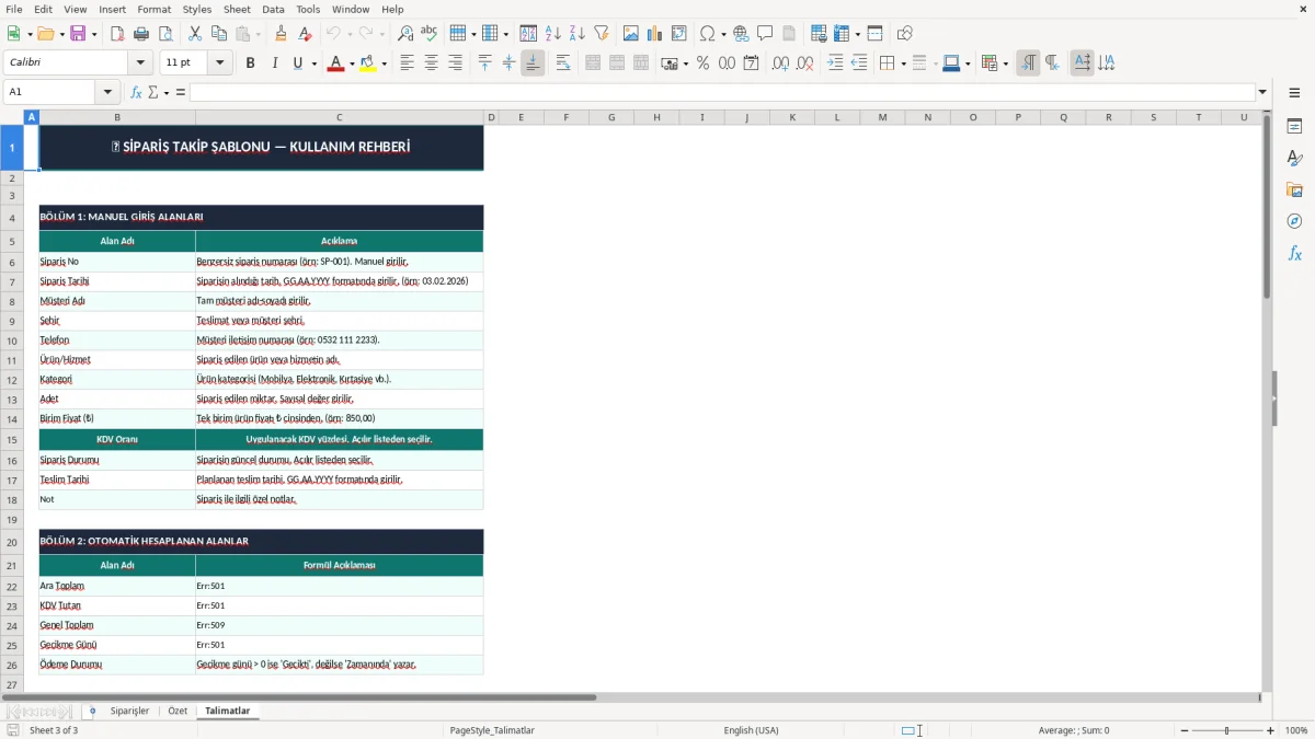 Ekran görüntüsü 3: Talimatlar sekmesi - Excel şablonu sipariş takip excel şablonu