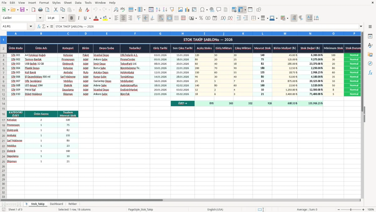 Skärmbild 1: fliken Stok_Takip - Excelmall stok takip excel şablonu