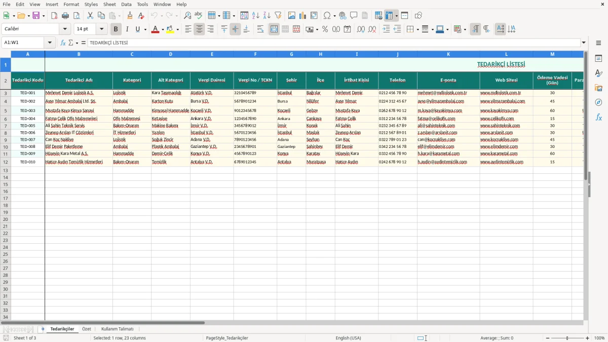 Ekran görüntüsü 1: Tedarikçiler sekmesi - Excel şablonu tedarikçi listesi excel şablonu