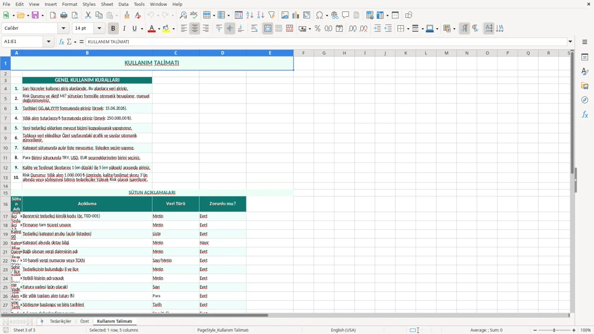 Ekran görüntüsü 3: Kullanım Talimatı sekmesi - Excel şablonu tedarikçi listesi excel şablonu