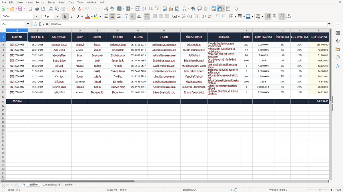 Ekran görüntüsü 1: Teklifler sekmesi - Excel şablonu teklif takip excel şablonu