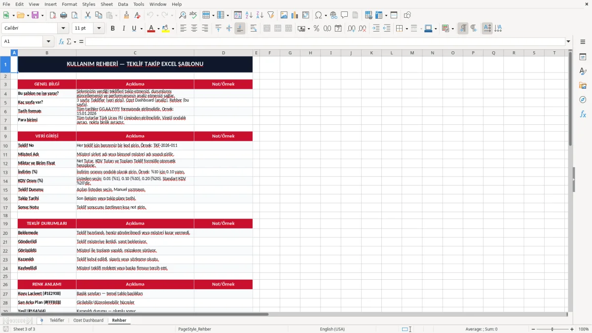 Ekran görüntüsü 3: Rehber sekmesi - Excel şablonu teklif takip excel şablonu