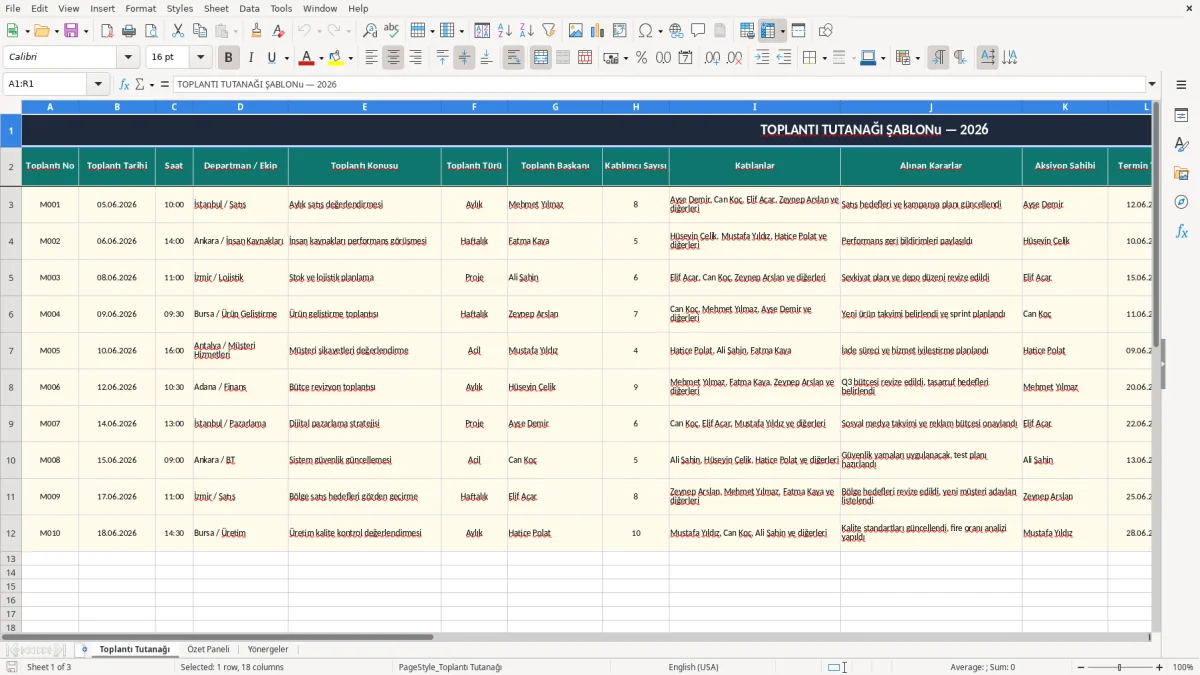 Ekran görüntüsü 1: Toplantı Tutanağı sekmesi - Excel şablonu toplantı tutanağı excel şablonu
