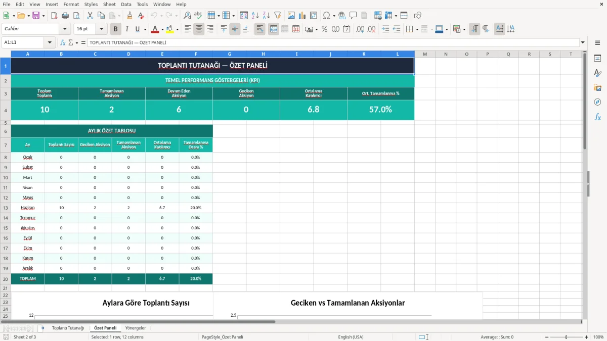 Ekran görüntüsü 2: Özet Paneli sekmesi - Excel şablonu toplantı tutanağı excel şablonu