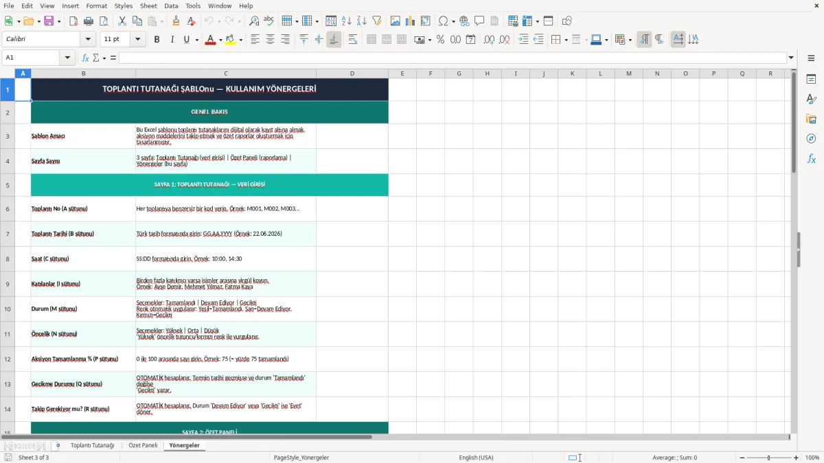 Ekran görüntüsü 3: Yönergeler sekmesi - Excel şablonu toplantı tutanağı excel şablonu