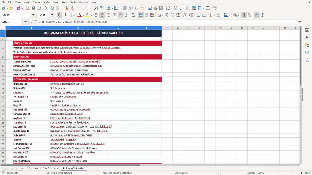 Ekran görüntüsü 3: Kullanım Talimatları sekmesi - Excel şablonu ürün listesi excel şablonu