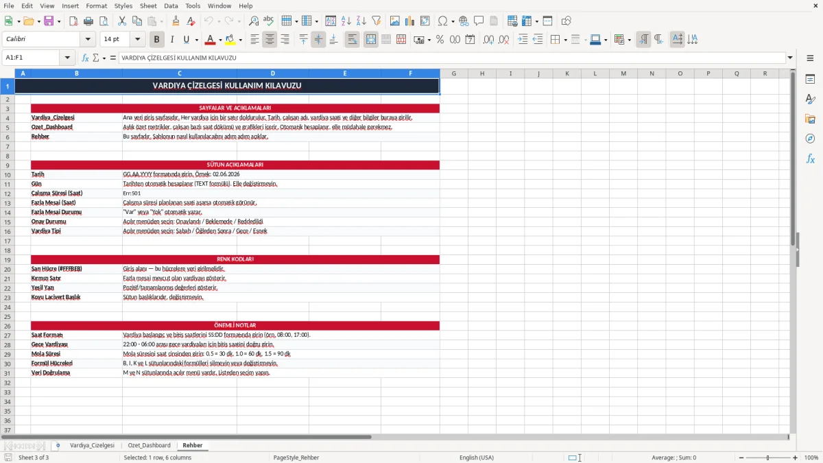 Ekran görüntüsü 3: Rehber sekmesi - Excel şablonu vardiya çizelgesi excel şablonu