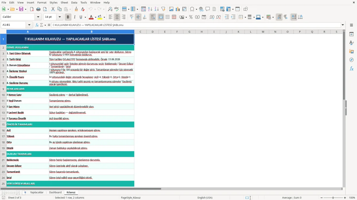 Ekran görüntüsü 3: Kılavuz sekmesi - Excel şablonu yapılacaklar listesi excel şablonu