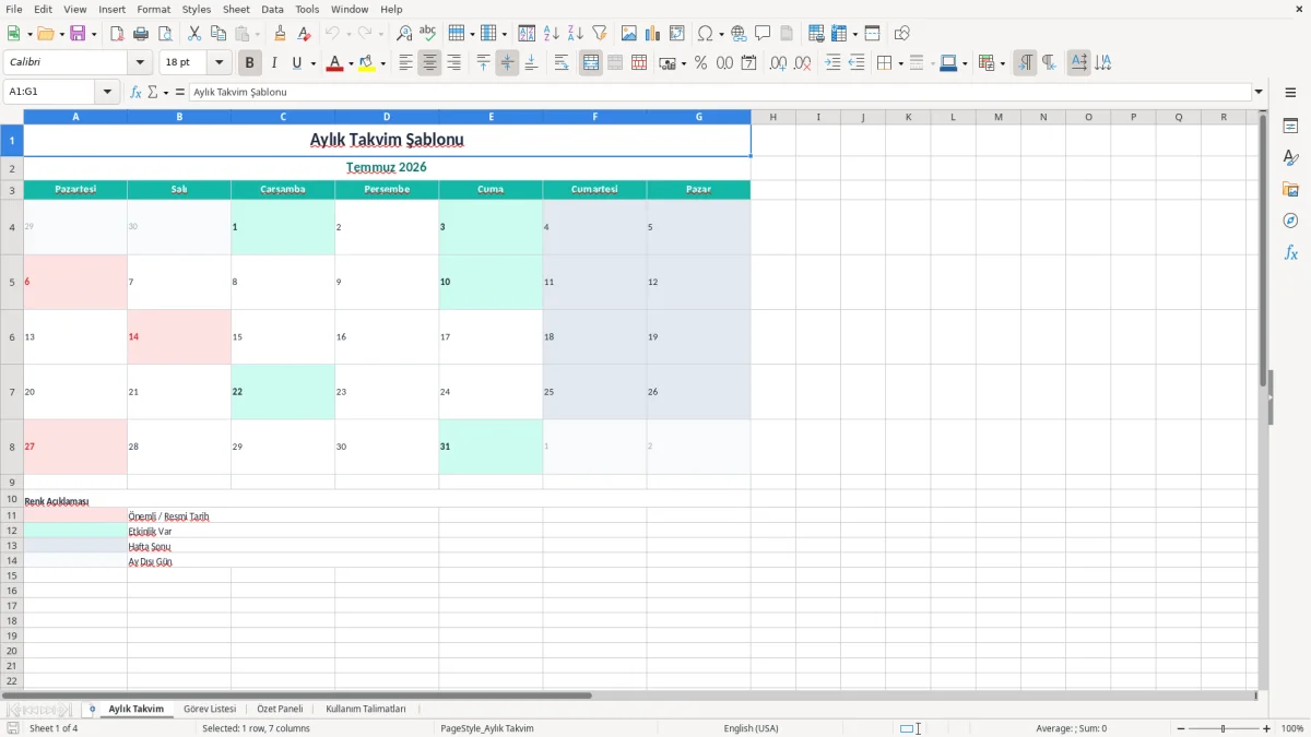Ekran görüntüsü 1: Aylık Takvim sekmesi - Excel şablonu aylık takvim excel şablonu