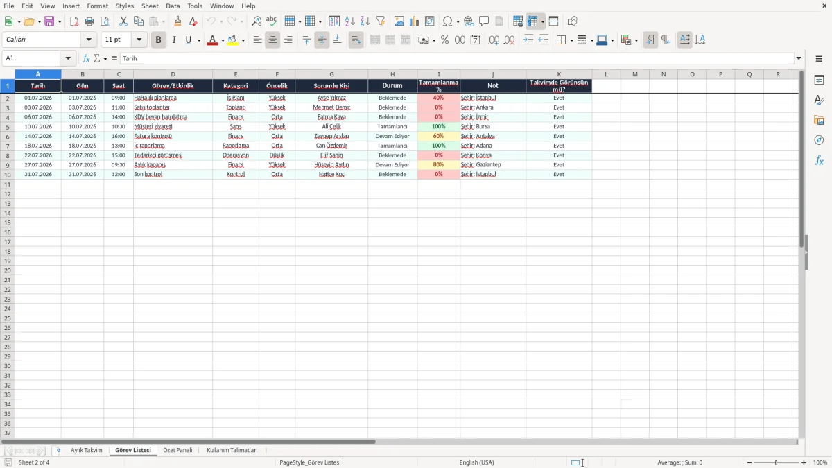 Ekran görüntüsü 2: Görev Listesi sekmesi - Excel şablonu aylık takvim excel şablonu
