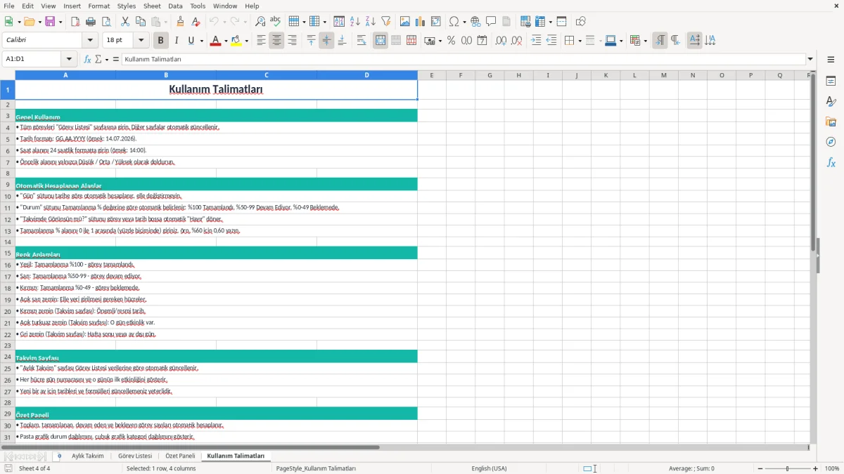 Ekran görüntüsü 4: Kullanım Talimatları sekmesi - Excel şablonu aylık takvim excel şablonu