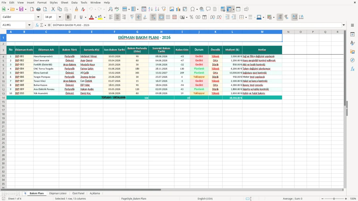 Ekran görüntüsü 1: Bakım Planı sekmesi - Excel şablonu bakım planı excel şablonu