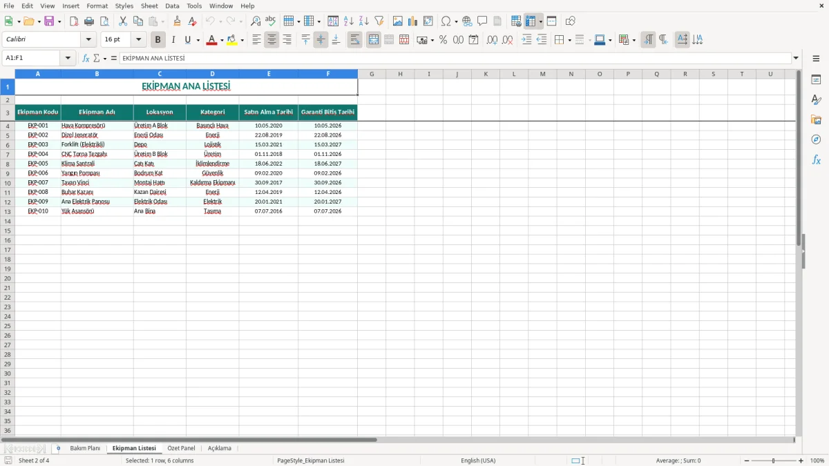 Ekran görüntüsü 2: Ekipman Listesi sekmesi - Excel şablonu bakım planı excel şablonu