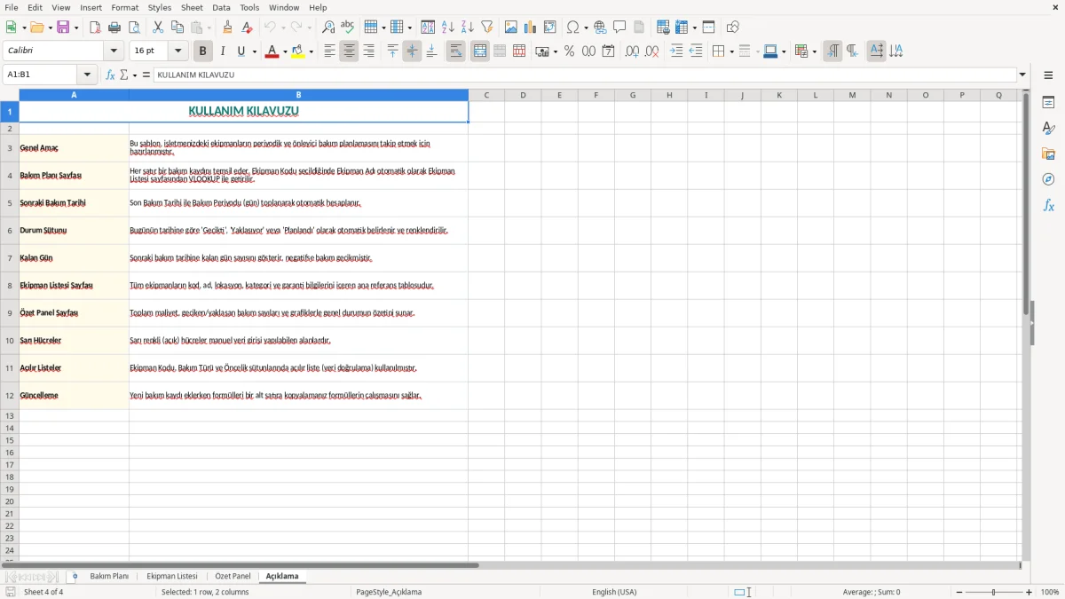 Ekran görüntüsü 4: Açıklama sekmesi - Excel şablonu bakım planı excel şablonu