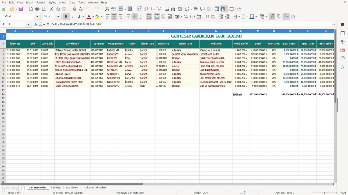 Ekran görüntüsü 1: Cari Hareketler sekmesi - Excel şablonu cari hesap takibi excel şablonu