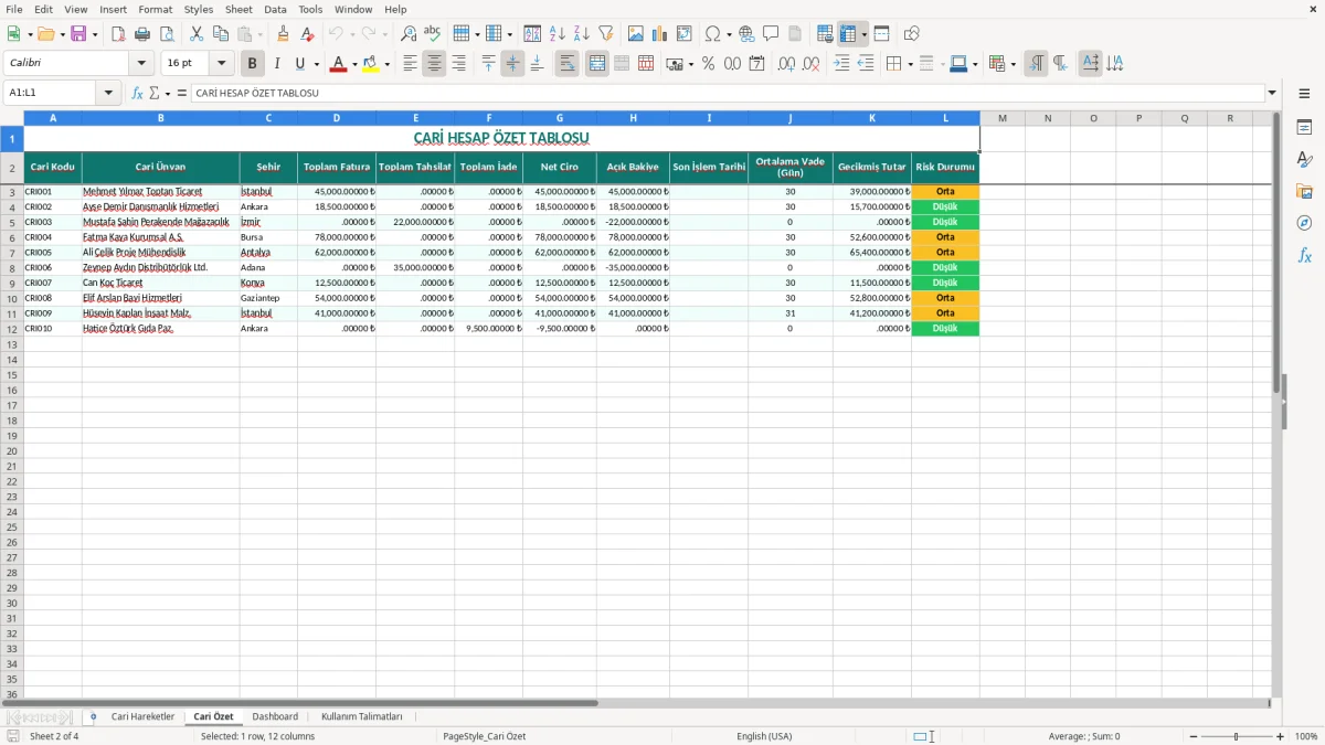 Ekran görüntüsü 2: Cari Özet sekmesi - Excel şablonu cari hesap takibi excel şablonu