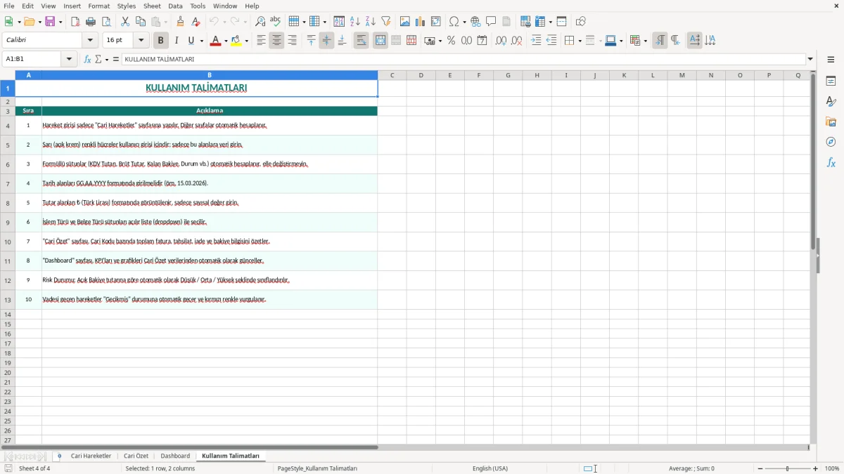 Ekran görüntüsü 4: Kullanım Talimatları sekmesi - Excel şablonu cari hesap takibi excel şablonu